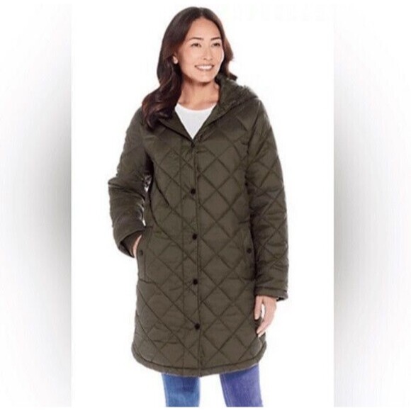 *SOLD* NWT Weatherproof Hooded Diamond-Quilted Duffle Coat Olive Green XL - Picture 1 of 5